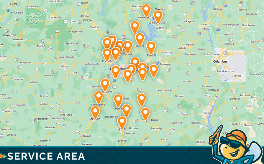 Map of Trustworthy Electric service area in Alabama, highlighting multiple locations with service markers and a cartoon character logo.